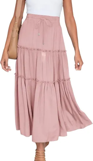 Women's Flowy Boho Maxi Skirt Elastic High Waist Tie A Line Dress Pleated Tiered Summer Casual Beach Long Skirts