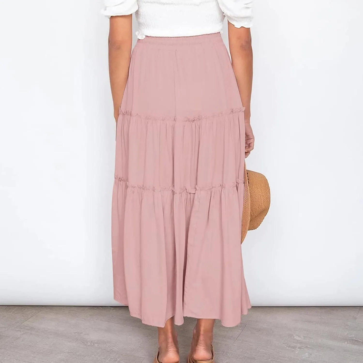 Women's Flowy Boho Maxi Skirt Elastic High Waist Tie A Line Dress Pleated Tiered Summer Casual Beach Long Skirts