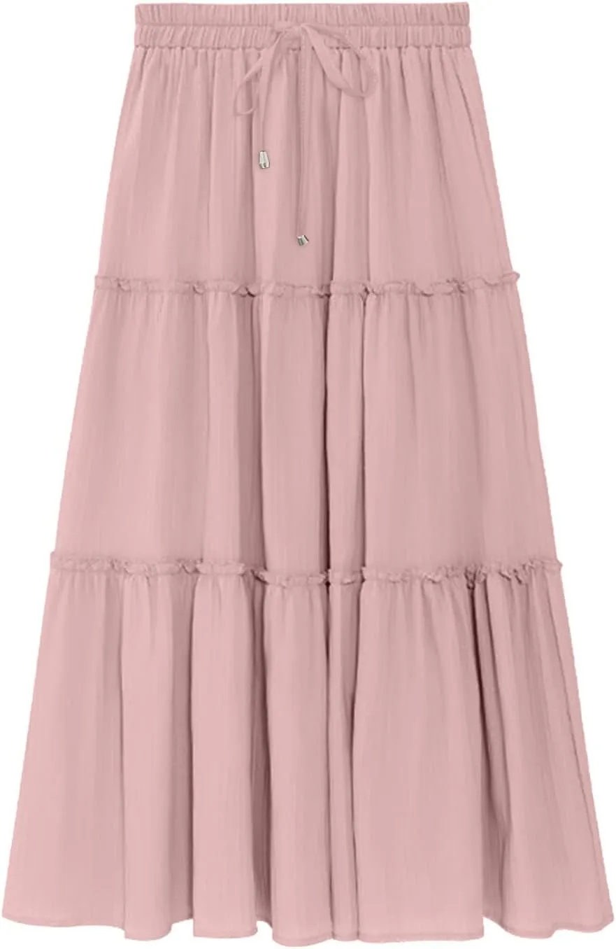 Women's Flowy Boho Maxi Skirt Elastic High Waist Tie A Line Dress Pleated Tiered Summer Casual Beach Long Skirts
