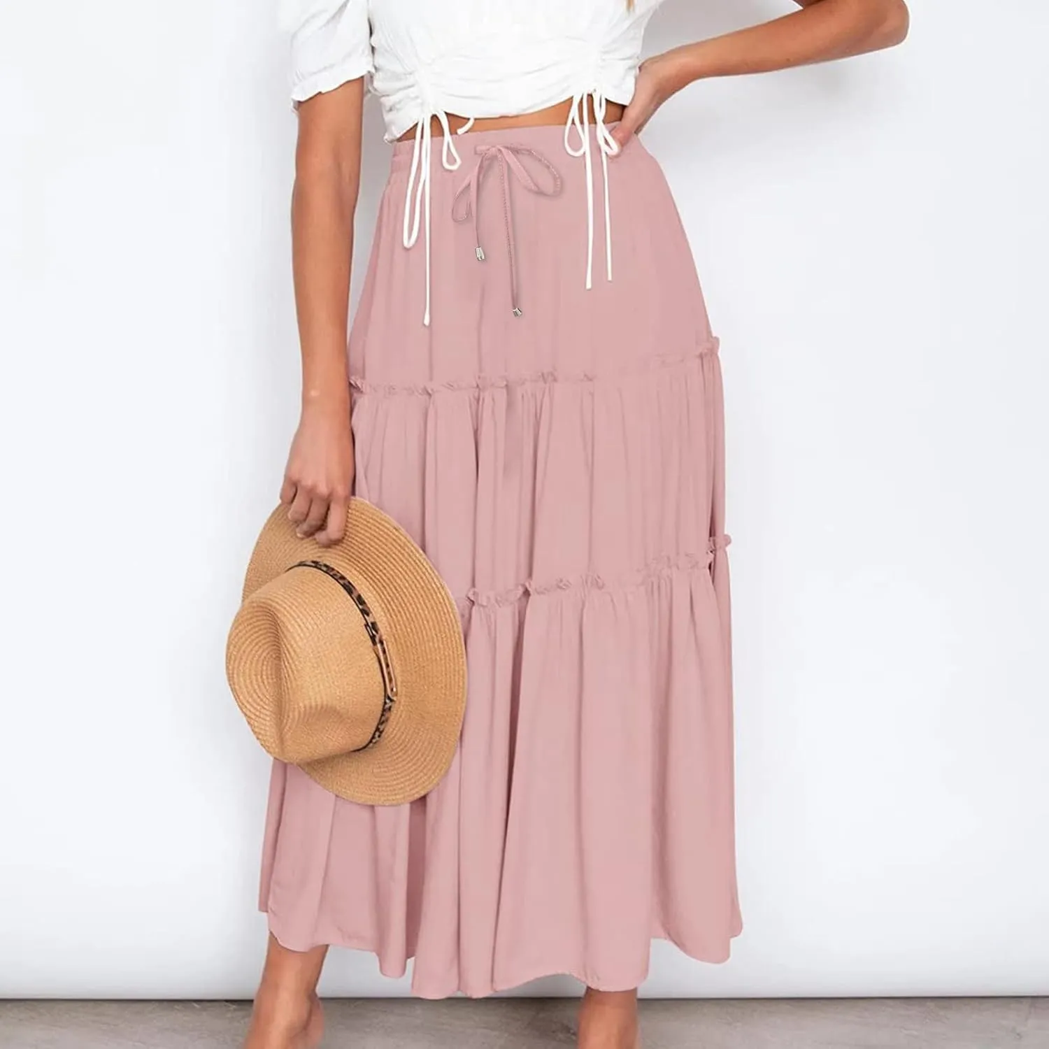 Women's Flowy Boho Maxi Skirt Elastic High Waist Tie A Line Dress Pleated Tiered Summer Casual Beach Long Skirts