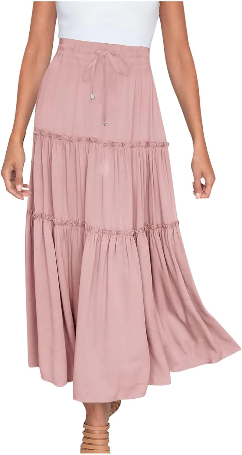 Women's Flowy Boho Maxi Skirt Elastic High Waist Tie A Line Dress Pleated Tiered Summer Casual Beach Long Skirts