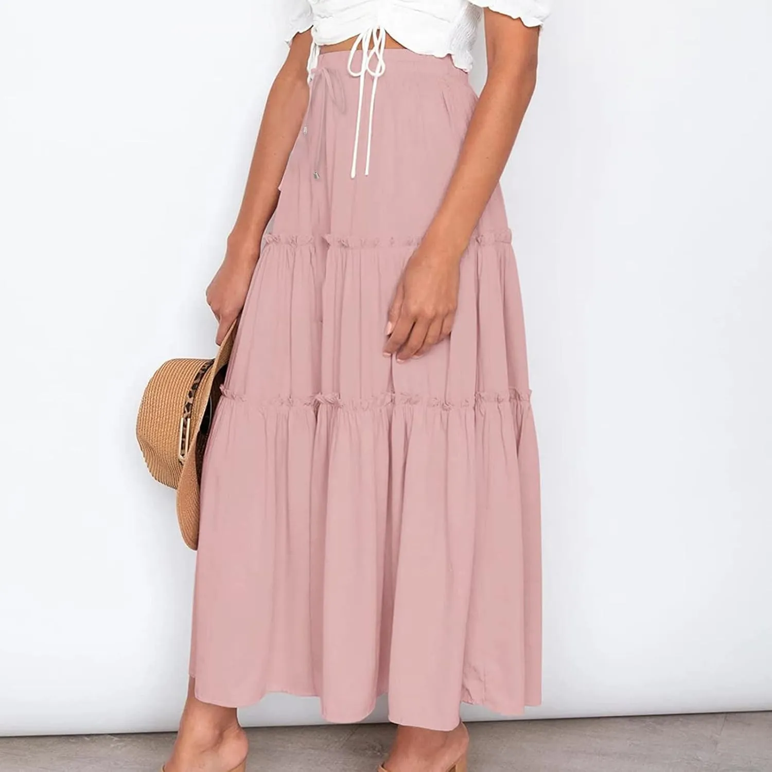 Women's Flowy Boho Maxi Skirt Elastic High Waist Tie A Line Dress Pleated Tiered Summer Casual Beach Long Skirts