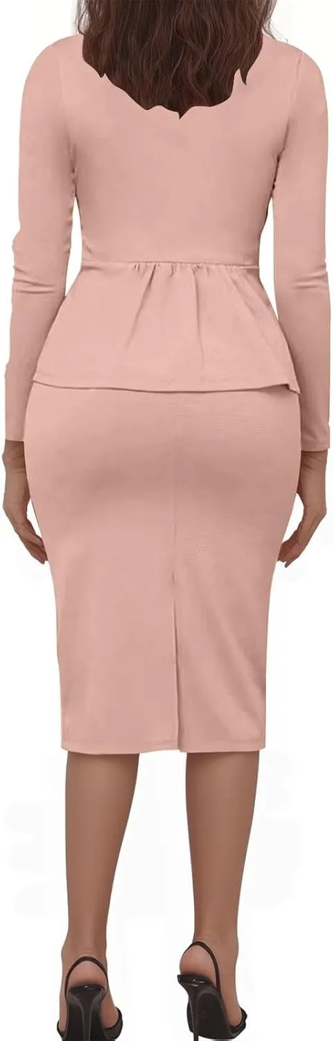 Women's Formal Dress Business Suit 2 Piece Long Sleeve Blazer Midi Skirt Suit Set Office Work Slim Fit Jacket Outfits