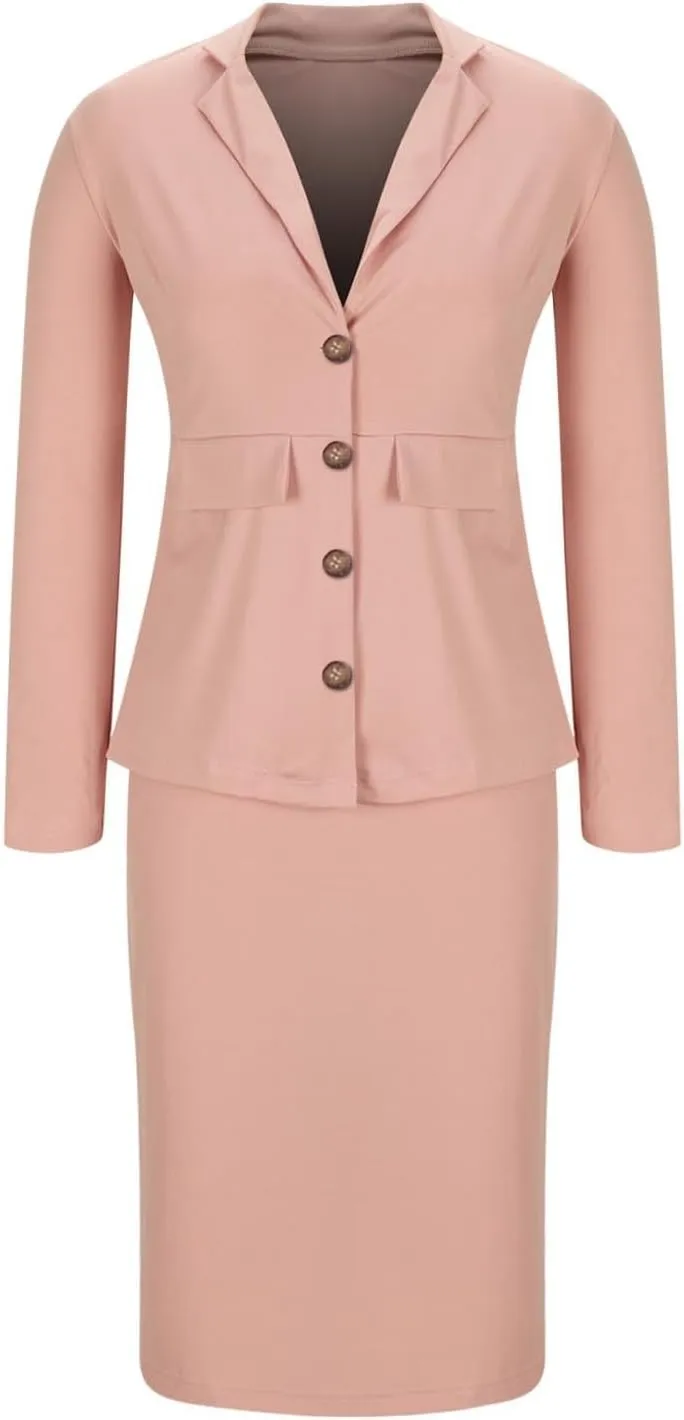 Women's Formal Dress Business Suit 2 Piece Long Sleeve Blazer Midi Skirt Suit Set Office Work Slim Fit Jacket Outfits