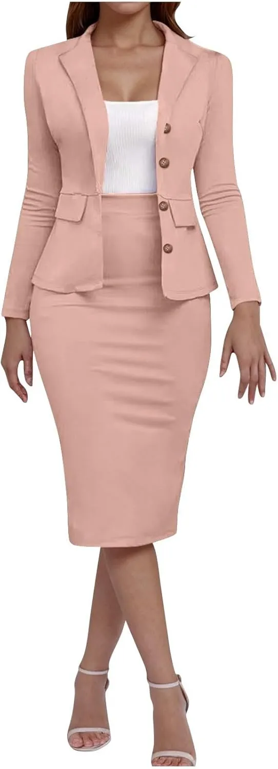 Women's Formal Dress Business Suit 2 Piece Long Sleeve Blazer Midi Skirt Suit Set Office Work Slim Fit Jacket Outfits