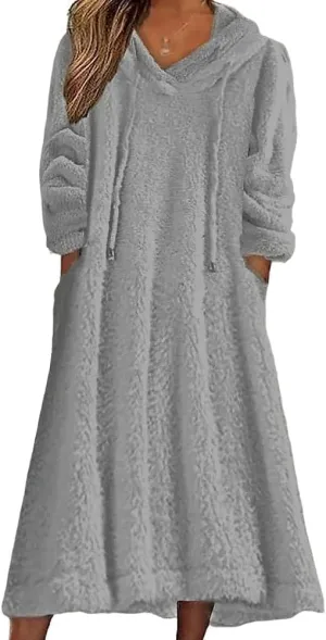 Womens Fuzzy Hooded Long Fleece Dress Fall Winter Fleece Dresses with Pockets