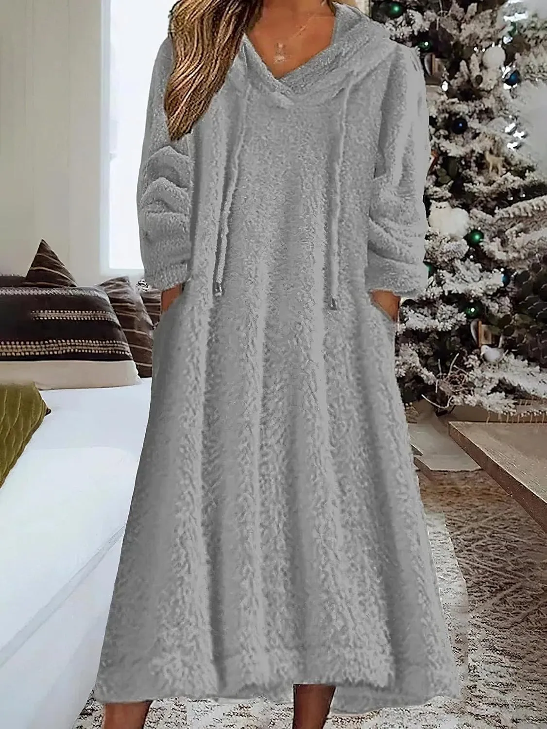 Womens Fuzzy Hooded Long Fleece Dress Fall Winter Fleece Dresses with Pockets