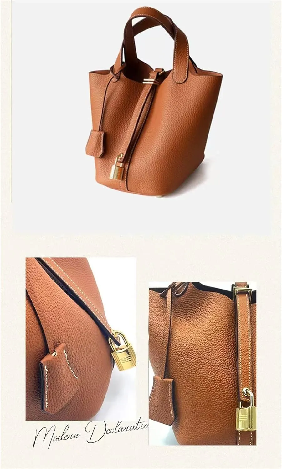 Women's Genuine Leather Basket Bag, Top Layer Cowhide Bucket Bag(05)