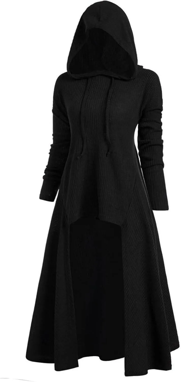 Women's Gothic Top Plus Size Knitted Halloween Vampires Witch Cloak Long Sleeve Sweatshirts Hoodies High Low Hem Dress