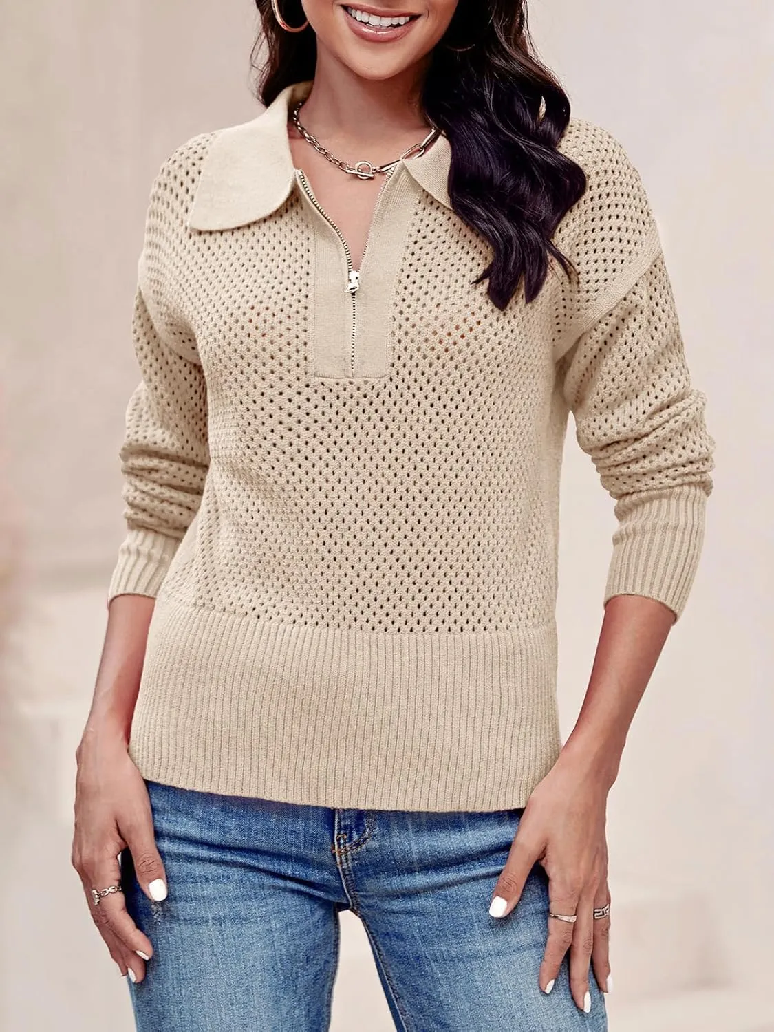 Women's Half Zip Pullover Sweaters Crochet Lapel Collar Long Sleeve Knit Solid Color Jumper Tops