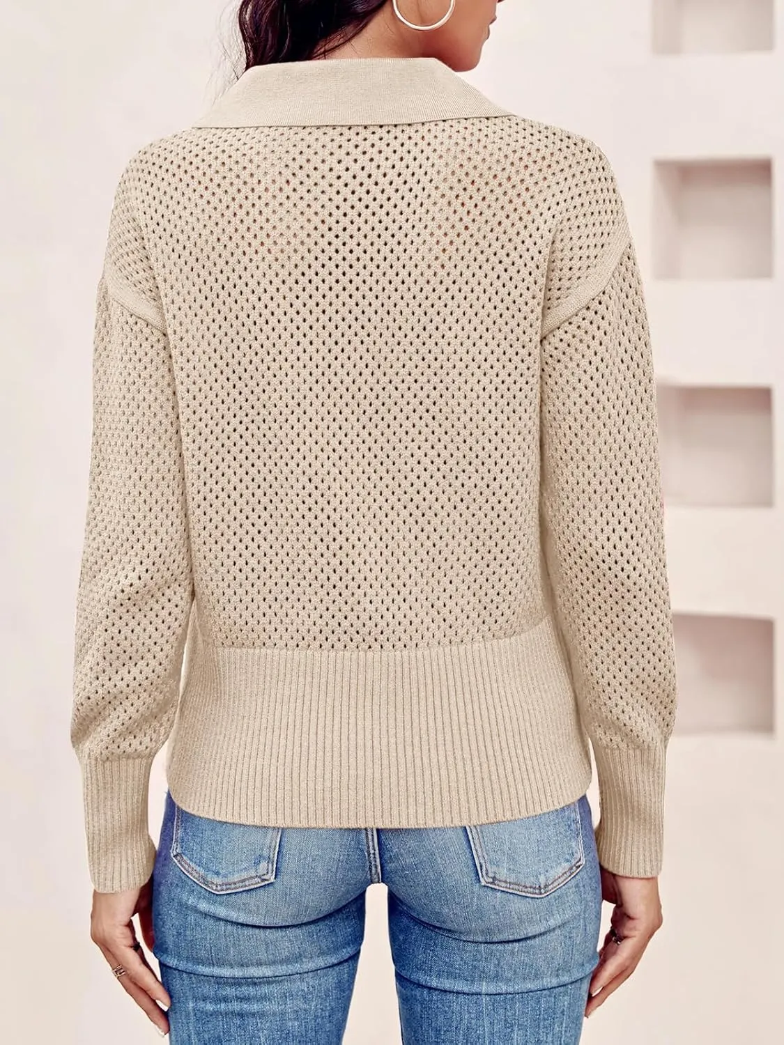 Women's Half Zip Pullover Sweaters Crochet Lapel Collar Long Sleeve Knit Solid Color Jumper Tops