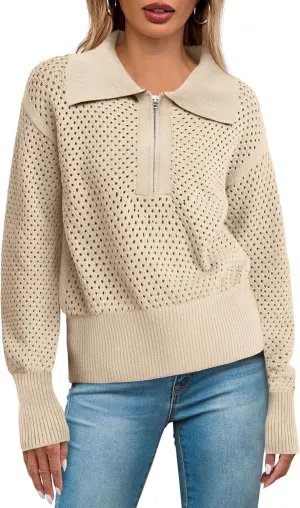 Women's Half Zip Pullover Sweaters Crochet Lapel Collar Long Sleeve Knit Solid Color Jumper Tops