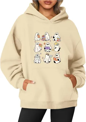 Women's Halloween Spooky Season Hoodie,Cute Ghost Graphic Sweatshirts Funny Pumpkin Face Tops Long Sleeve Hoodie 2024
