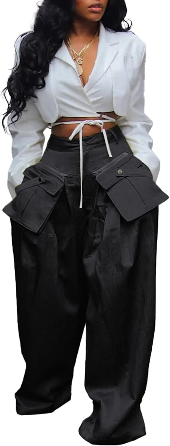 Women's High Waisted Satin Cargo Pants Baggy Pants Wide Leg Casual Pants with Pocket Streetwear