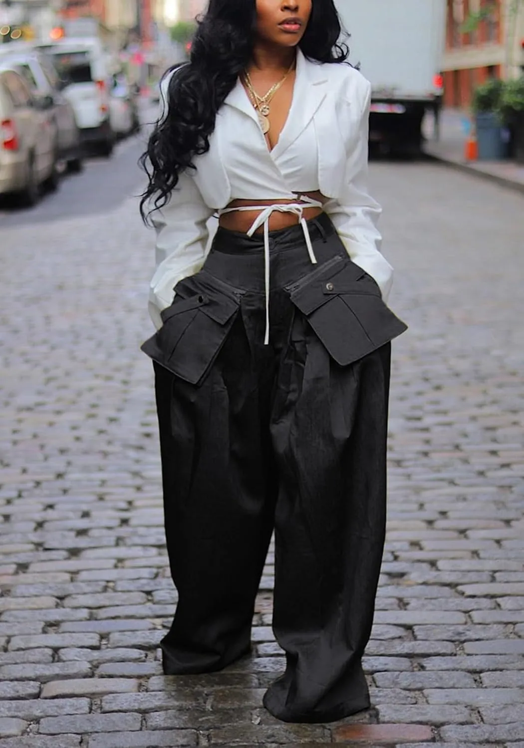 Women's High Waisted Satin Cargo Pants Baggy Pants Wide Leg Casual Pants with Pocket Streetwear