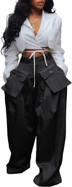 Women's High Waisted Satin Cargo Pants Baggy Pants Wide Leg Casual Pants with Pocket Streetwear