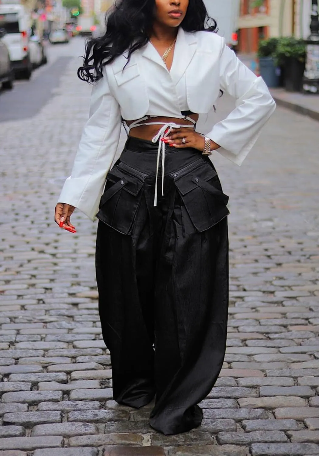 Women's High Waisted Satin Cargo Pants Baggy Pants Wide Leg Casual Pants with Pocket Streetwear
