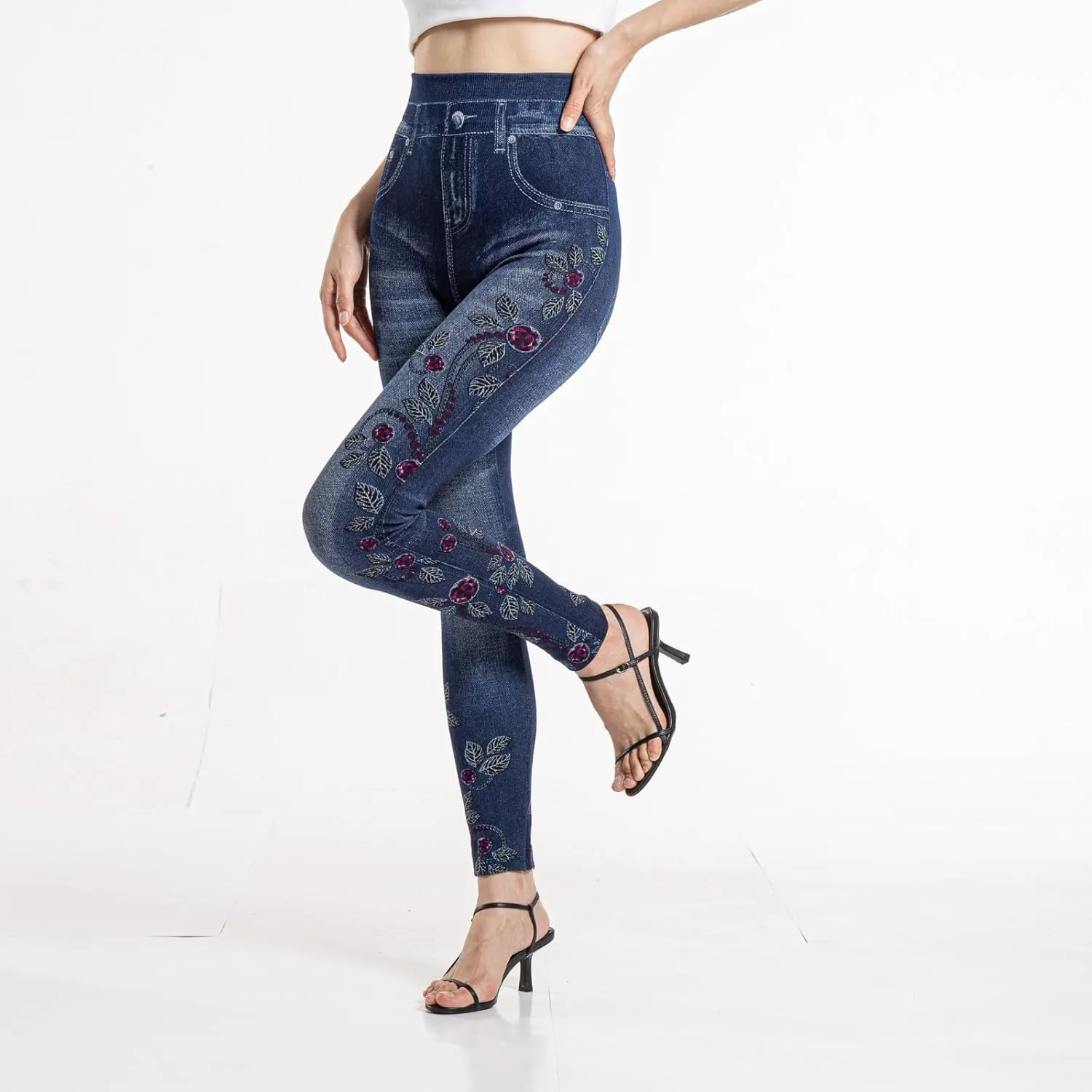 Women's Imitation Denim Leggings Trendy High Waist Stretchy Slim Fit Yoga Trousers Fall Fashion Workout Yoga Pants