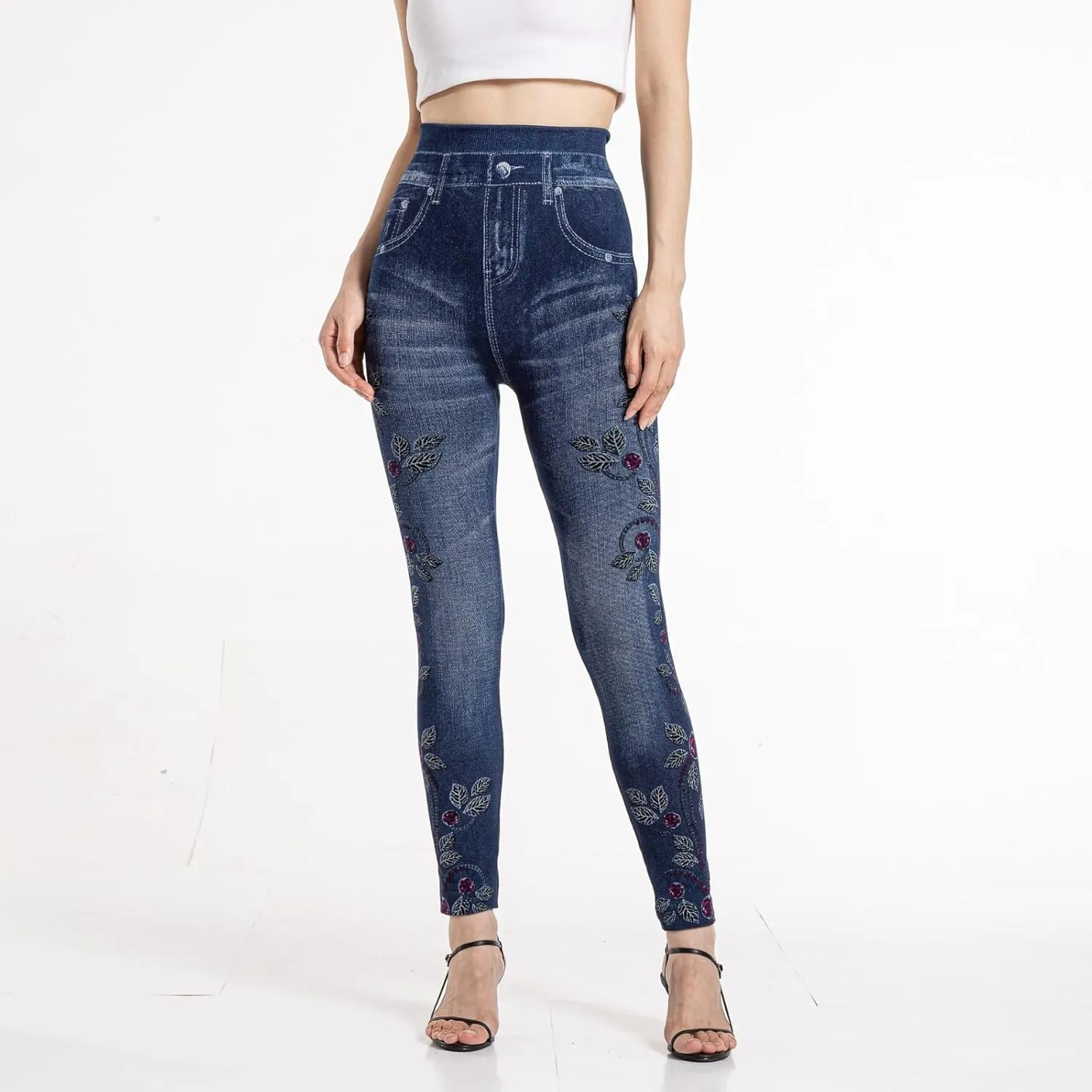 Women's Imitation Denim Leggings Trendy High Waist Stretchy Slim Fit Yoga Trousers Fall Fashion Workout Yoga Pants