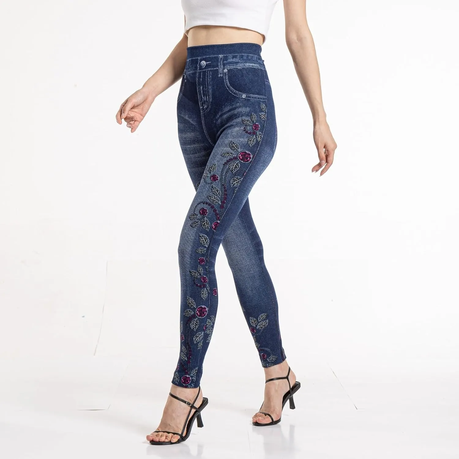 Women's Imitation Denim Leggings Trendy High Waist Stretchy Slim Fit Yoga Trousers Fall Fashion Workout Yoga Pants