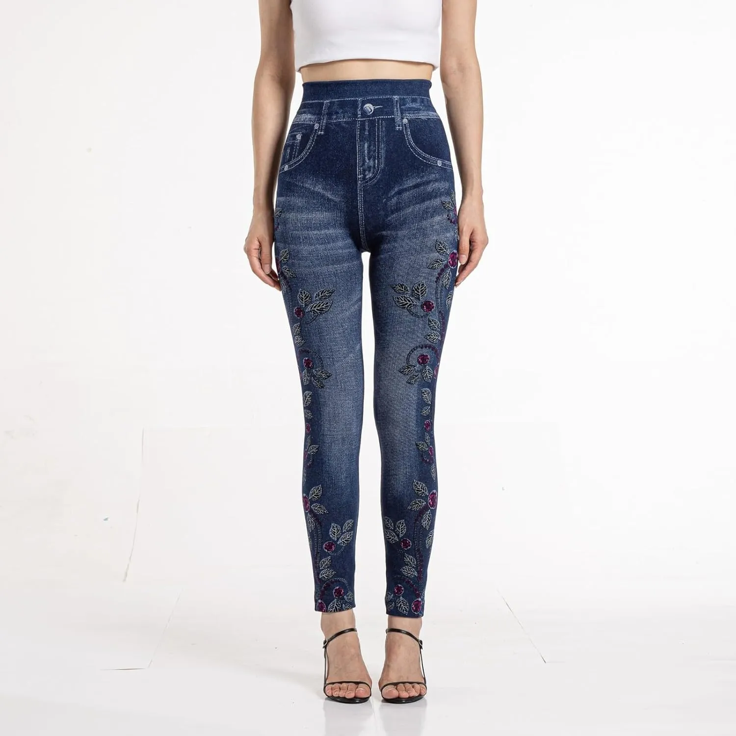 Women's Imitation Denim Leggings Trendy High Waist Stretchy Slim Fit Yoga Trousers Fall Fashion Workout Yoga Pants