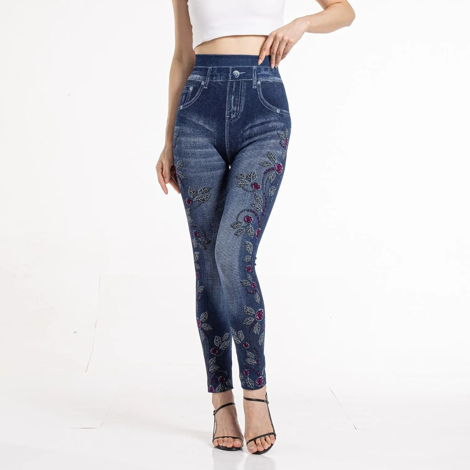 Women's Imitation Denim Leggings Trendy High Waist Stretchy Slim Fit Yoga Trousers Fall Fashion Workout Yoga Pants