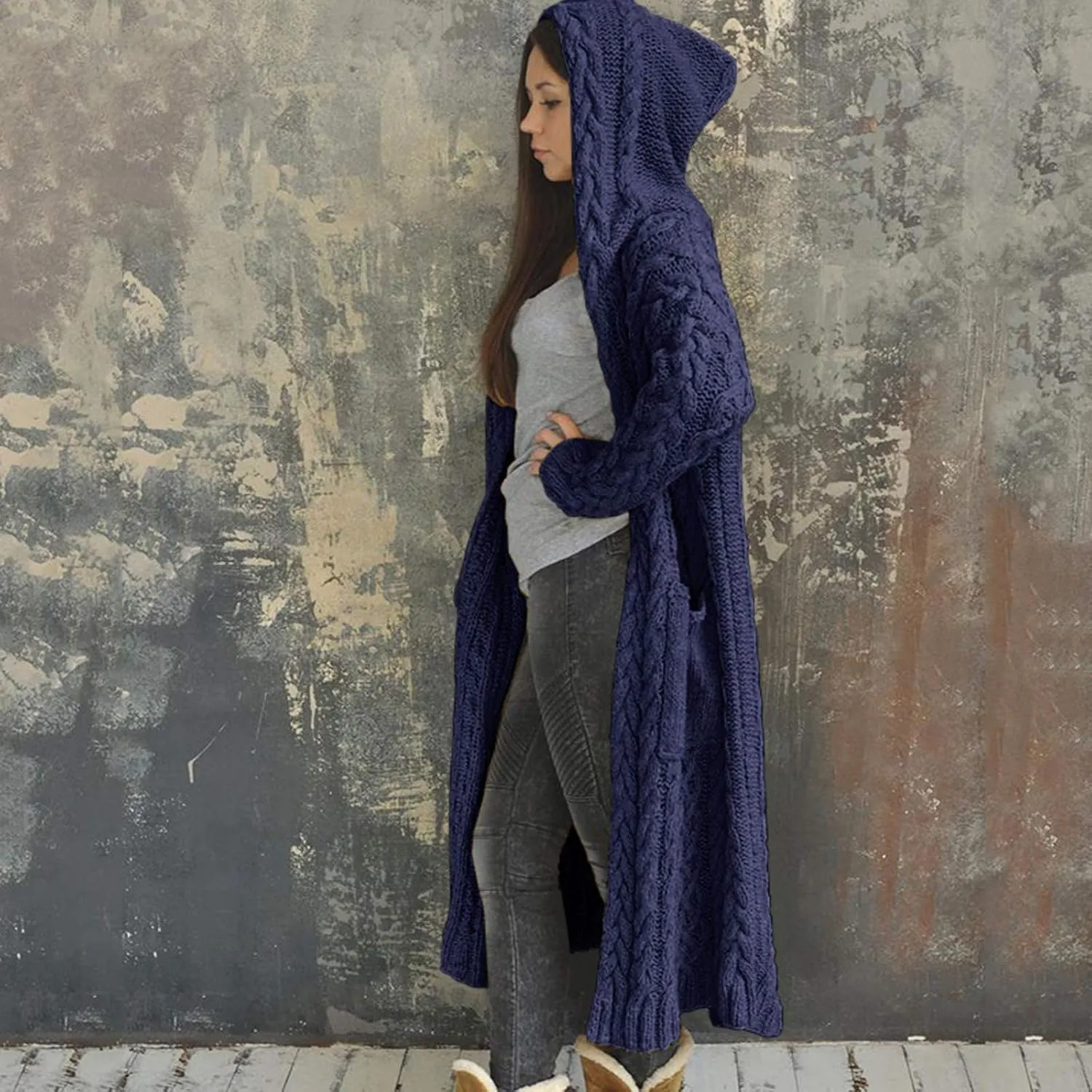 Women's Lightweight Hooded Sweaters Oversized Open Cardigan Warm Outwear Coat Cable Knit Long Cardigan Sweaters with Pockets