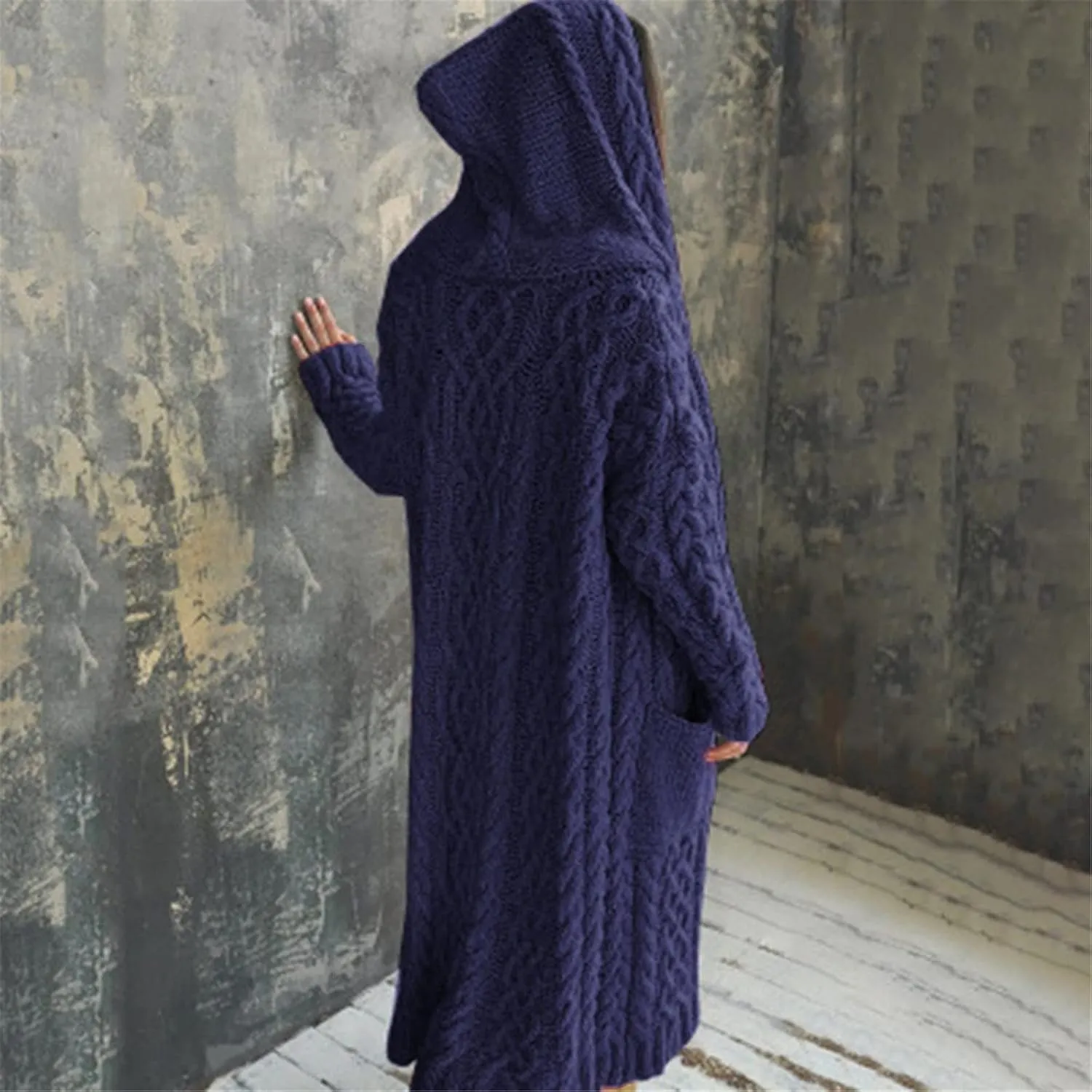Women's Lightweight Hooded Sweaters Oversized Open Cardigan Warm Outwear Coat Cable Knit Long Cardigan Sweaters with Pockets