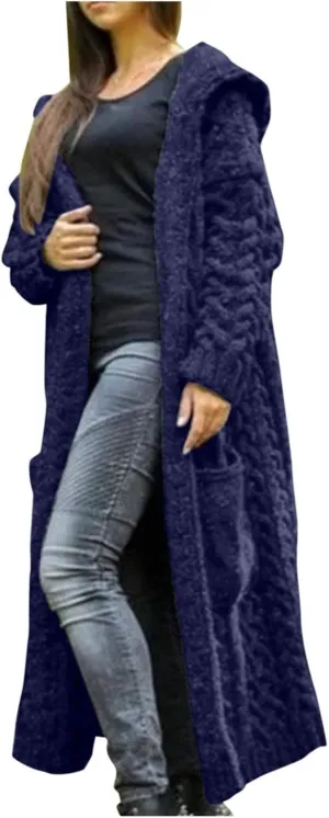 Women's Lightweight Hooded Sweaters Oversized Open Cardigan Warm Outwear Coat Cable Knit Long Cardigan Sweaters with Pockets