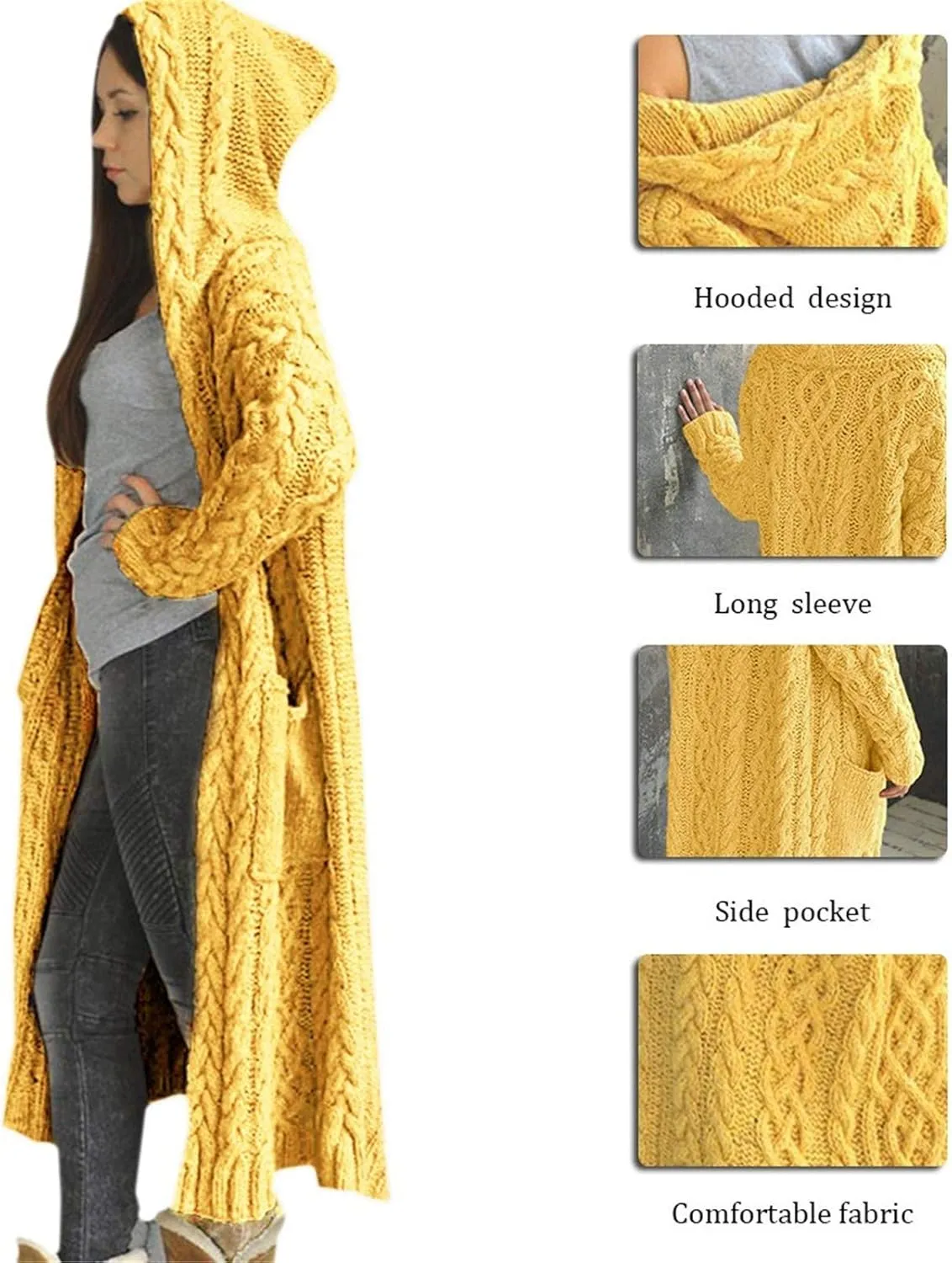 Women's Lightweight Hooded Sweaters Oversized Open Cardigan Warm Outwear Coat Cable Knit Long Cardigan Sweaters with Pockets
