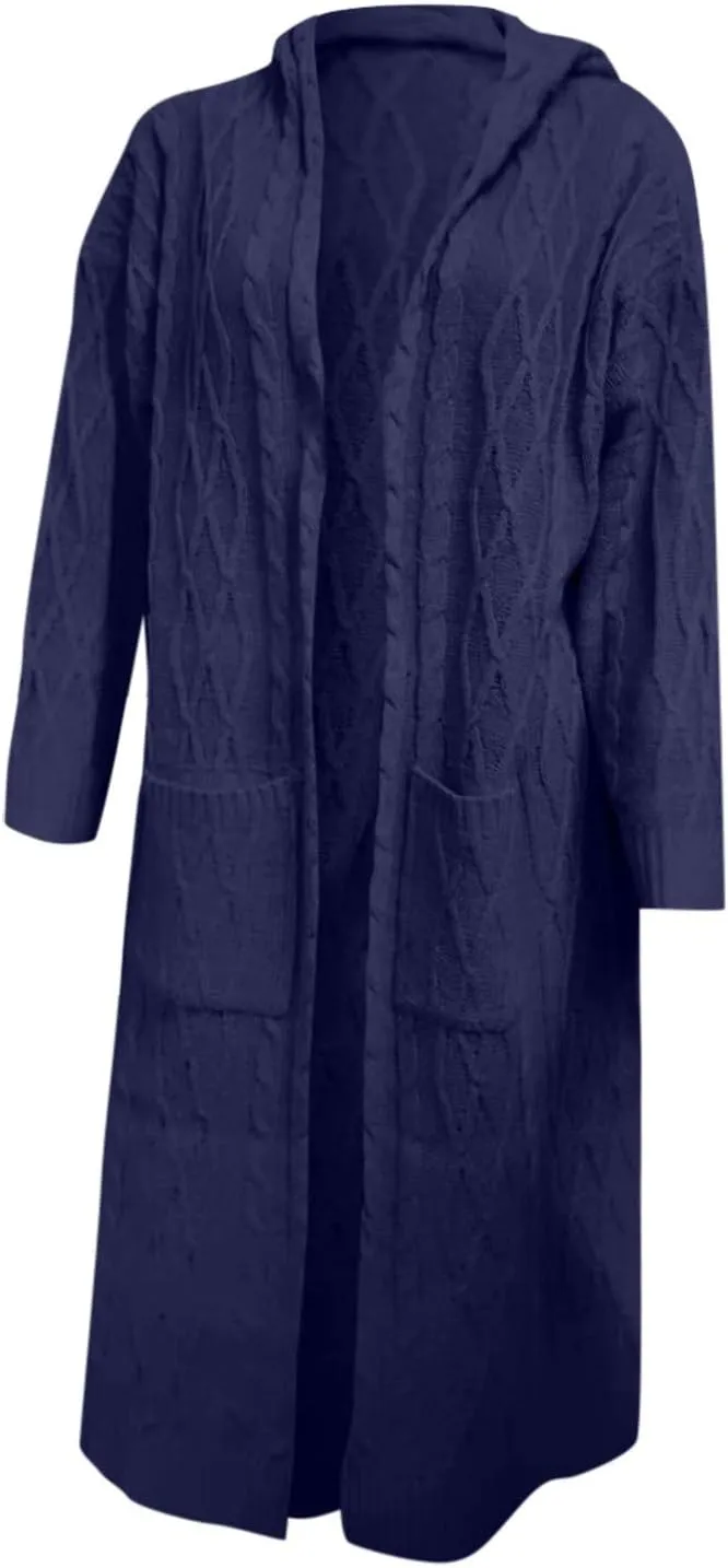 Women's Lightweight Hooded Sweaters Oversized Open Cardigan Warm Outwear Coat Cable Knit Long Cardigan Sweaters with Pockets