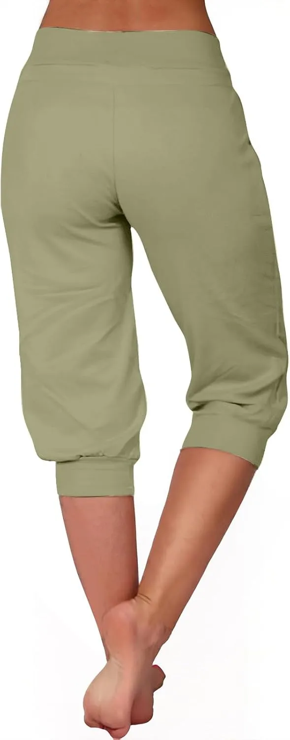 Womens Linen Legging Capri Pants 2025 Wide Leg Cropped Lounge Trousers Drawstring Elastic Waist Summer Beach Pant