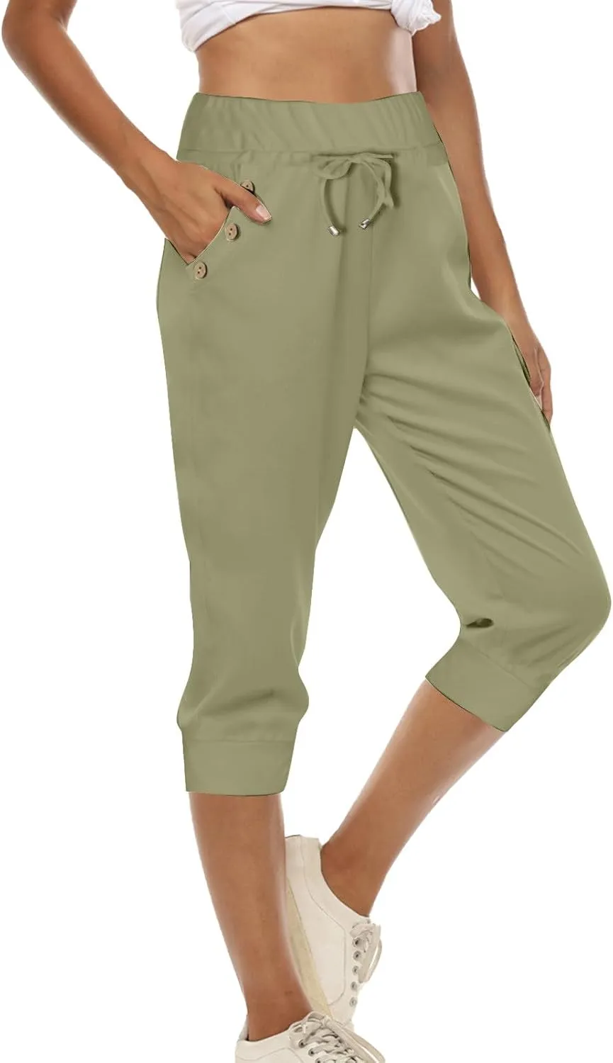 Womens Linen Legging Capri Pants 2025 Wide Leg Cropped Lounge Trousers Drawstring Elastic Waist Summer Beach Pant