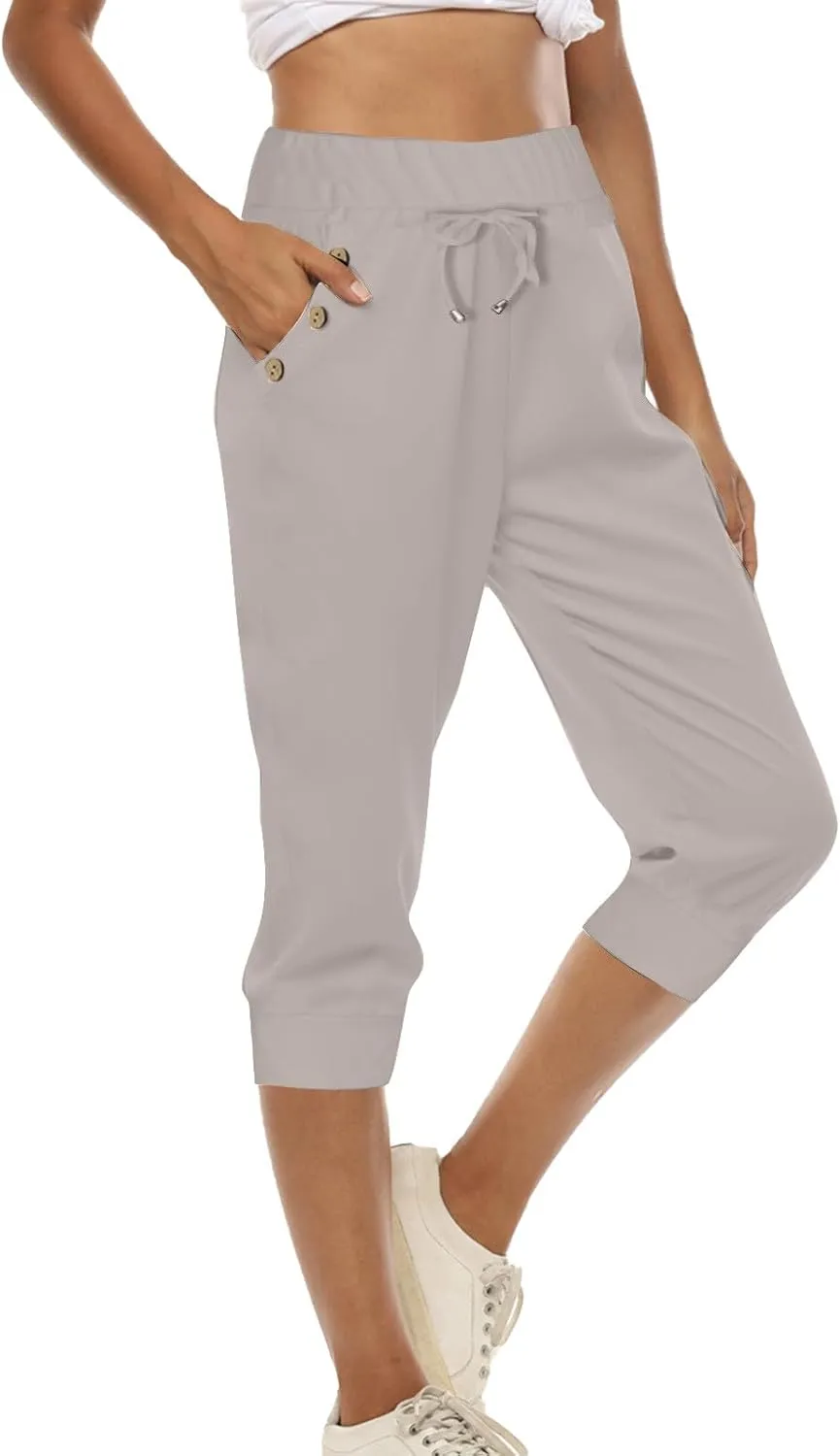 Womens Linen Legging Capri Pants 2025 Wide Leg Cropped Lounge Trousers Drawstring Elastic Waist Summer Beach Pant