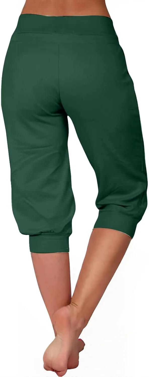 Womens Linen Legging Capri Pants 2025 Wide Leg Cropped Lounge Trousers Drawstring Elastic Waist Summer Beach Pant