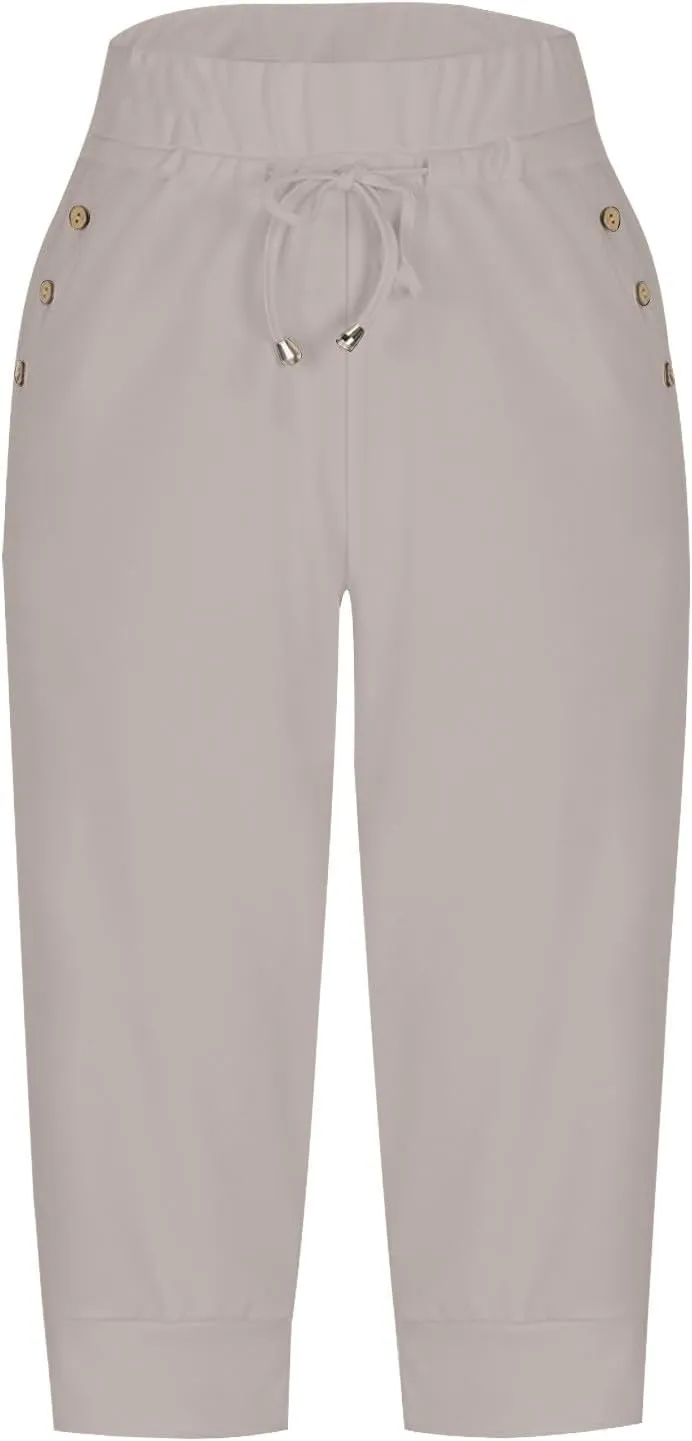 Womens Linen Legging Capri Pants 2025 Wide Leg Cropped Lounge Trousers Drawstring Elastic Waist Summer Beach Pant