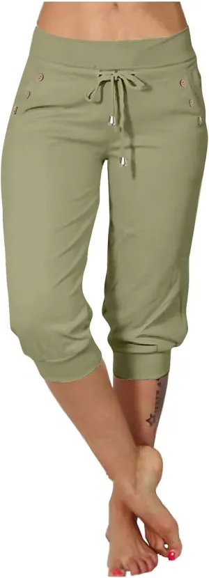 Womens Linen Legging Capri Pants 2025 Wide Leg Cropped Lounge Trousers Drawstring Elastic Waist Summer Beach Pant