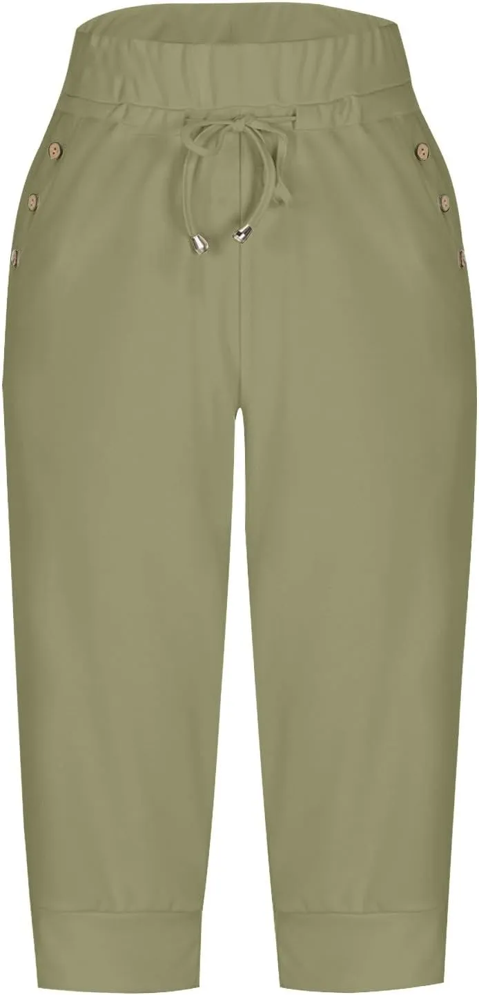 Womens Linen Legging Capri Pants 2025 Wide Leg Cropped Lounge Trousers Drawstring Elastic Waist Summer Beach Pant