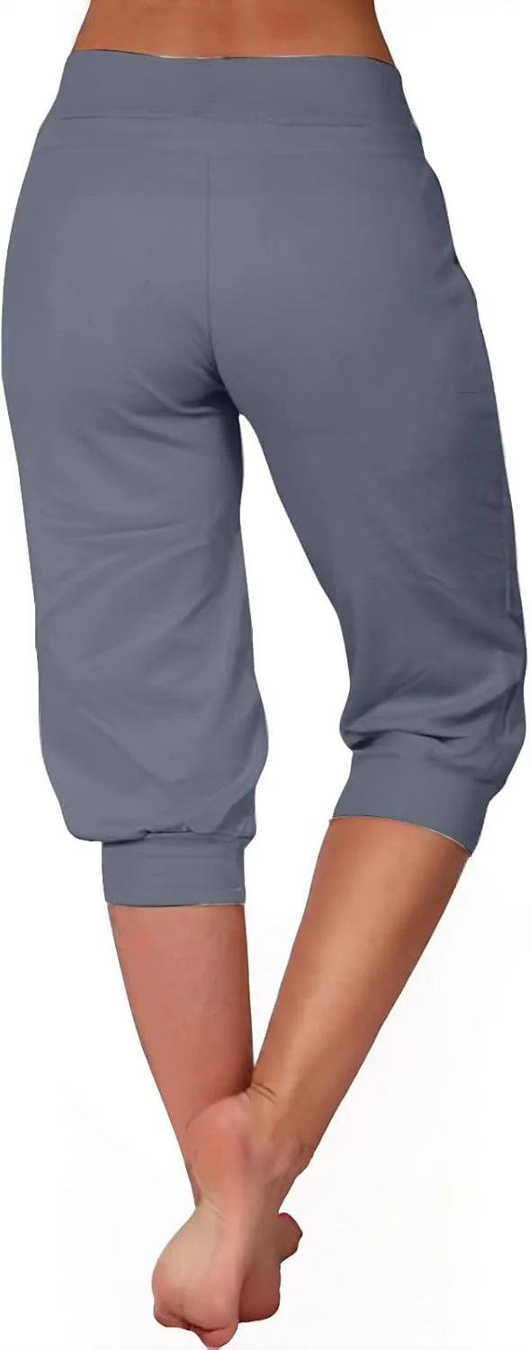 Womens Linen Legging Capri Pants 2025 Wide Leg Cropped Lounge Trousers Drawstring Elastic Waist Summer Beach Pant