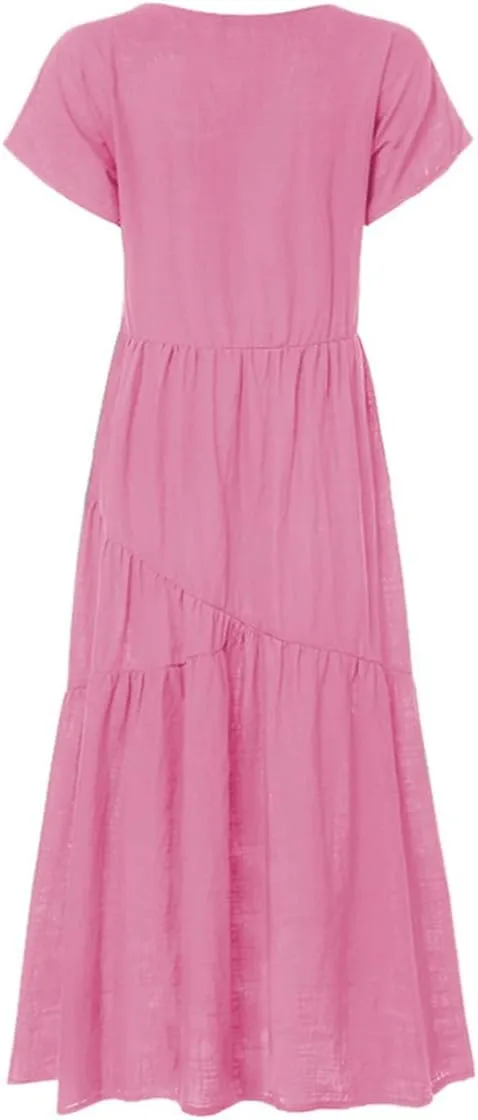 Womens Linen Midi Dress Plus Size Short Sleeve V Neck Cotton Linen Midi Dresses Casual Loose Solid Cute Pleated Dress