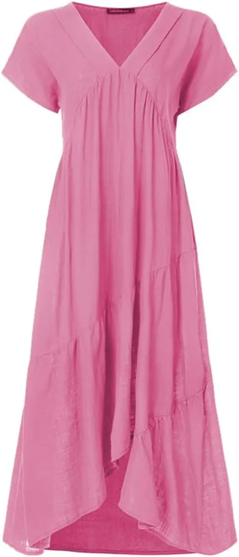 Womens Linen Midi Dress Plus Size Short Sleeve V Neck Cotton Linen Midi Dresses Casual Loose Solid Cute Pleated Dress