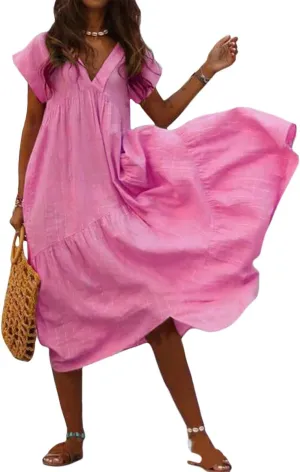 Womens Linen Midi Dress Plus Size Short Sleeve V Neck Cotton Linen Midi Dresses Casual Loose Solid Cute Pleated Dress