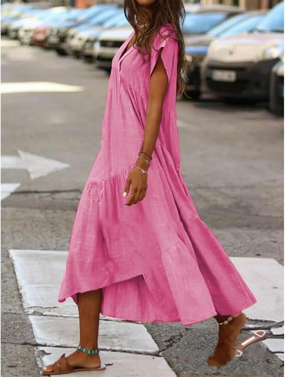 Womens Linen Midi Dress Plus Size Short Sleeve V Neck Cotton Linen Midi Dresses Casual Loose Solid Cute Pleated Dress