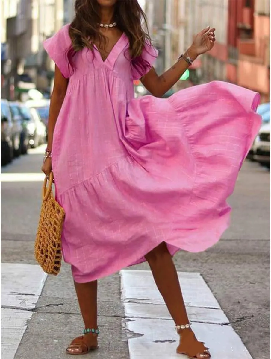 Womens Linen Midi Dress Plus Size Short Sleeve V Neck Cotton Linen Midi Dresses Casual Loose Solid Cute Pleated Dress