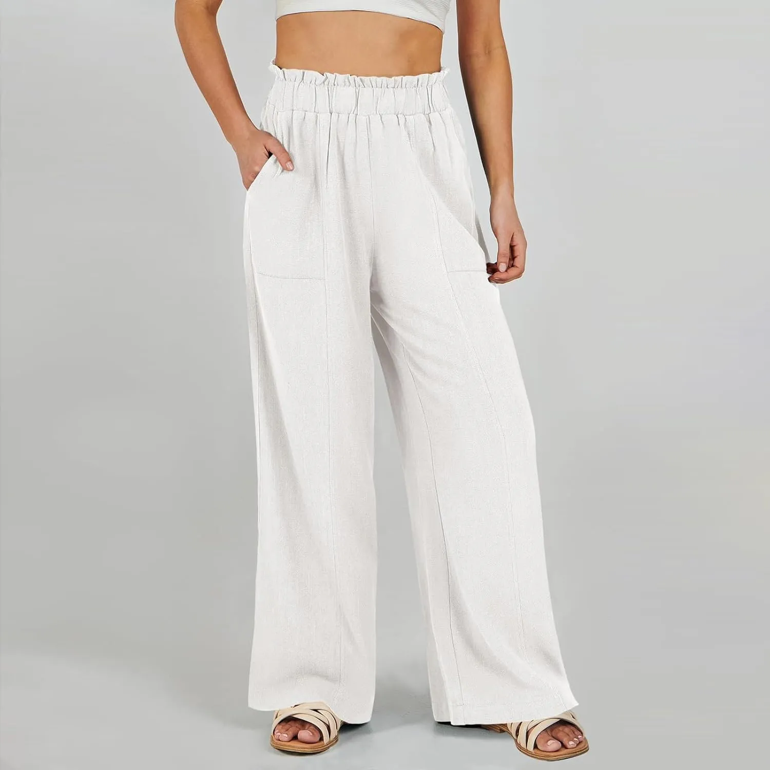 Women's Linen Palazzo Pant 2025 Summer Wide Leg High Waist Casual Lounge Pant Beach Vacation Trousers with Pocket