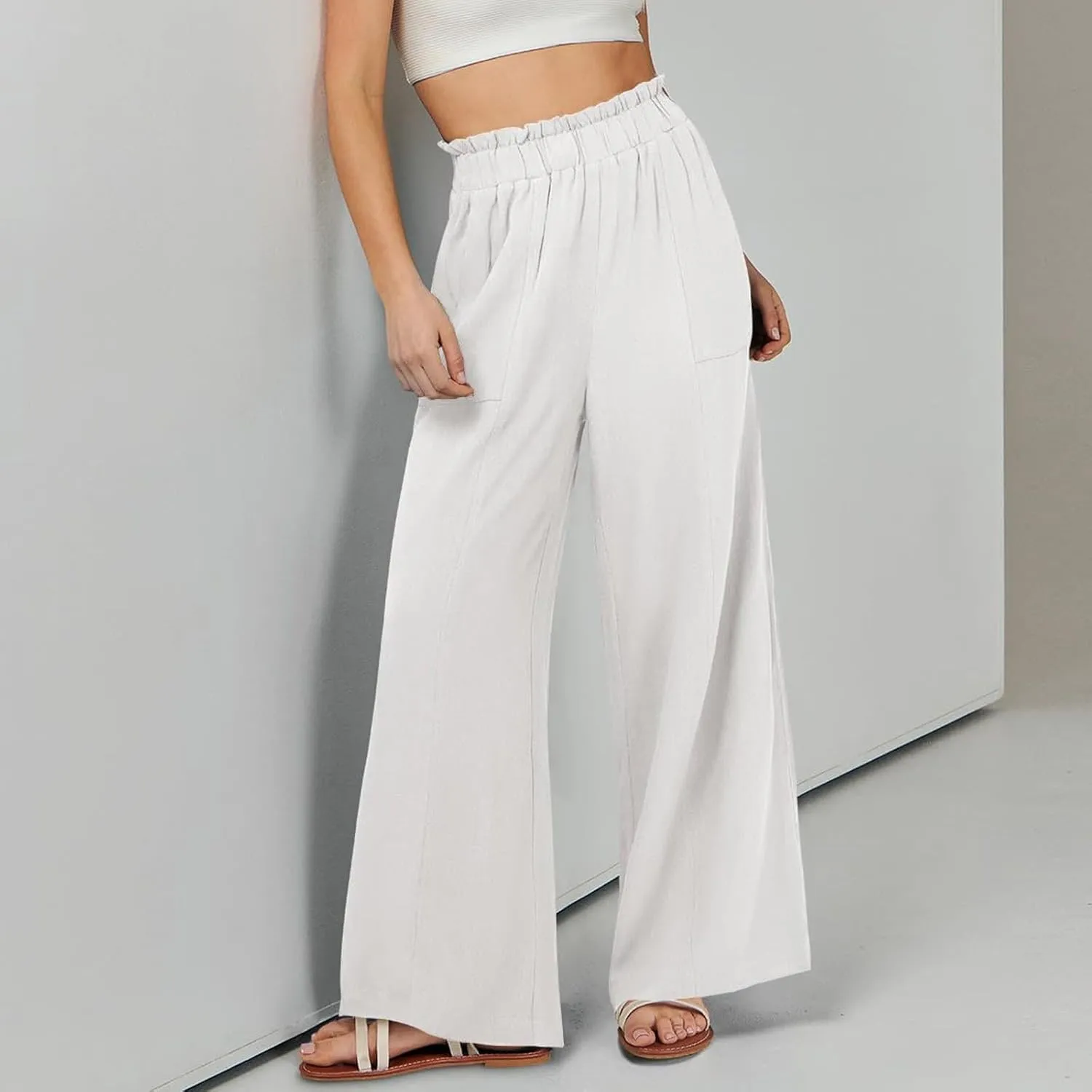Women's Linen Palazzo Pant 2025 Summer Wide Leg High Waist Casual Lounge Pant Beach Vacation Trousers with Pocket