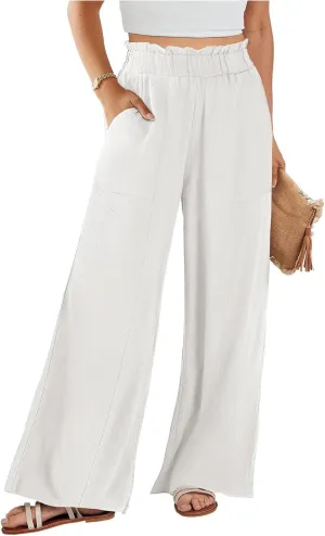 Women's Linen Palazzo Pant 2025 Summer Wide Leg High Waist Casual Lounge Pant Beach Vacation Trousers with Pocket