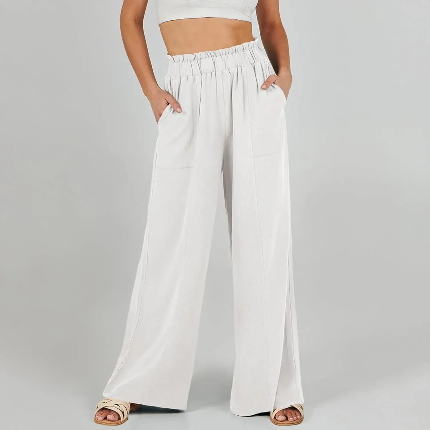 Women's Linen Palazzo Pant 2025 Summer Wide Leg High Waist Casual Lounge Pant Beach Vacation Trousers with Pocket