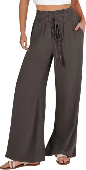 Womens Linen Palazzo Pants Casual Wide Leg Pants Drawstring Pants with Pockets Summer Beach Linen Pants Lounge Trousers, XX-Large, #E3-brown
