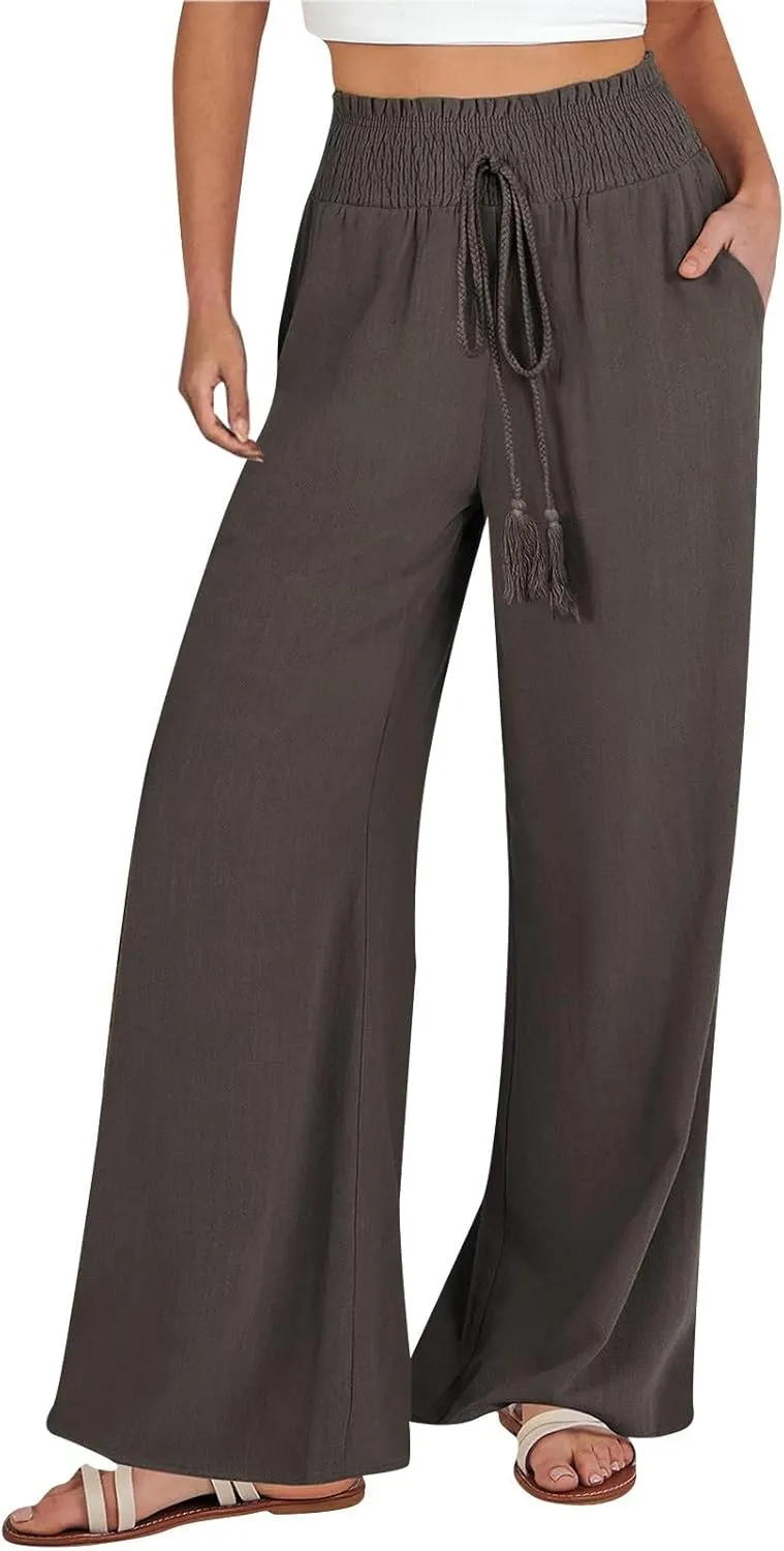 Womens Linen Palazzo Pants Casual Wide Leg Pants Drawstring Pants with Pockets Summer Beach Linen Pants Lounge Trousers, XX-Large, #E3-brown